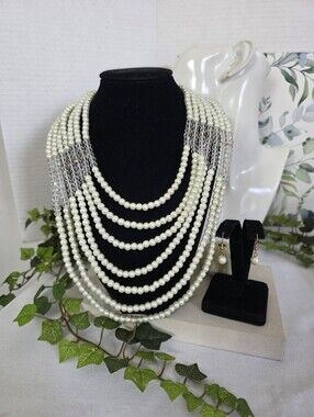 67 Strand Glass Pearl & Crystal Statement Necklace Set – Matching Earrings